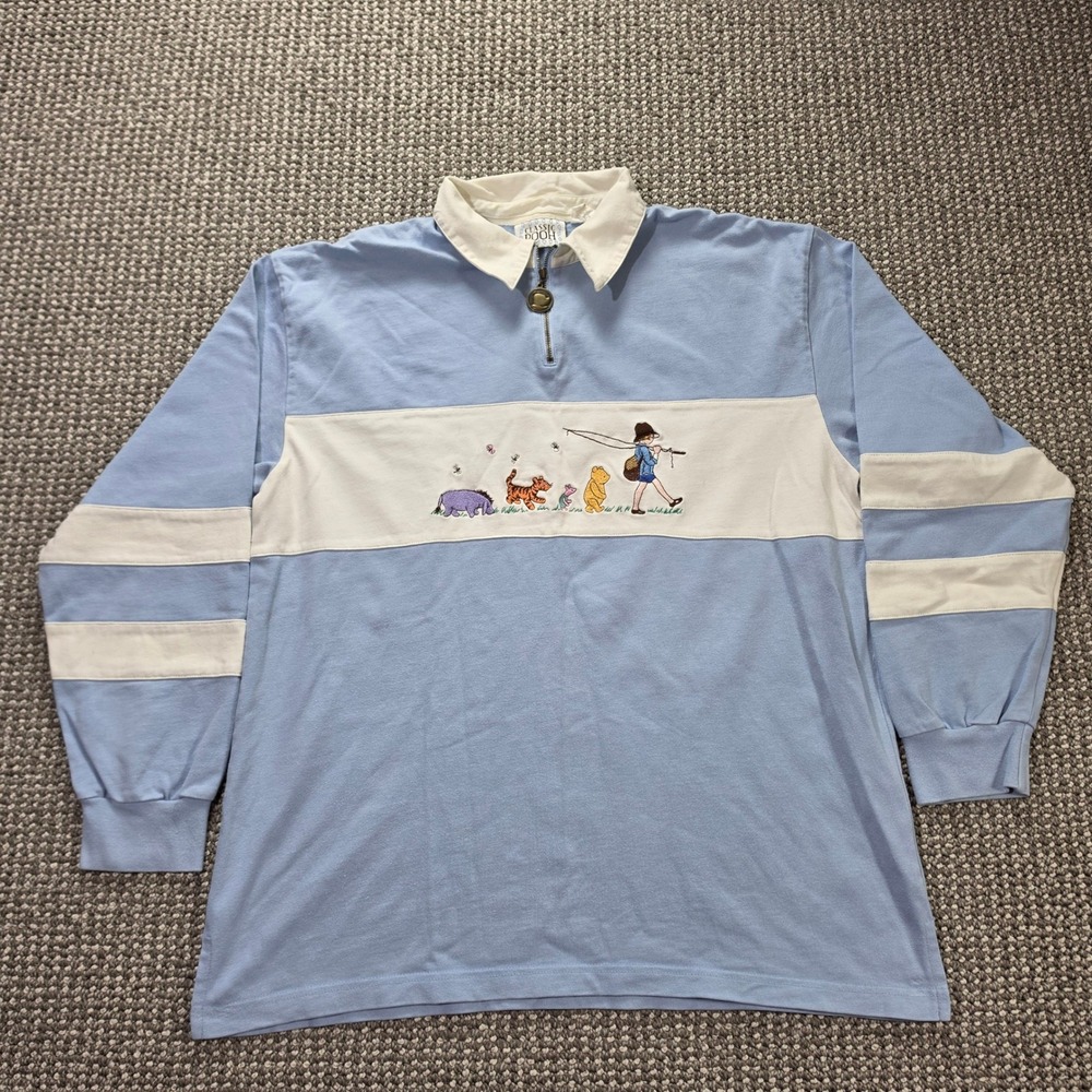 Vintage Classic Pooh Embroidered Rugby Polo 1/4 Zip Christopher Robin Disney 90s